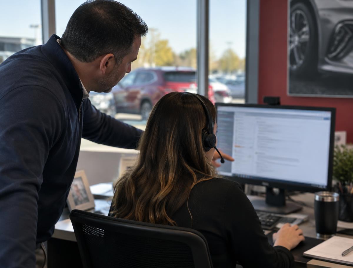 A trainer coaching a BDC representative at their desk, over the shoulder, pointing at a screen during hands-on sales training